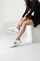 Women's White Lace-Up Stoned Leather Sneakers | Derimod Women's White Lace-Up Stoned Leather Sneakers | Derimod