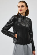Linda Women's Black Short Leather Jacket | Derimod Linda Women's Black Short Leather Jacket | Derimod