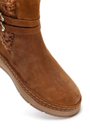 Woman Tan Zippered Suede Leather Teddy Bot | Derimod Woman Tan Zippered Suede Leather Teddy Bot | Derimod