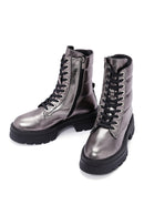 Women's Grey Zippered Metallic Leather Combat Boots | Derimod Women's Grey Zippered Metallic Leather Combat Boots | Derimod