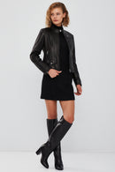 Madison Women's Black Short Leather Jacket | Derimod Madison Women's Black Short Leather Jacket | Derimod