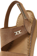 Women's Tan Suede Leather Wedge Heeled Ankle Buckle Comfort Sandals | Derimod Women's Tan Suede Leather Wedge Heeled Ankle Buckle Comfort Sandals | Derimod