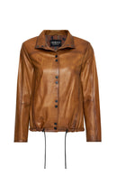 Lopez Women's Brown Mandarin Collar Leather Jacket | Derimod Lopez Women's Brown Mandarin Collar Leather Jacket | Derimod