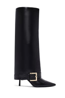Women's Black Buckled Thin Heeled Leather Boot | Derimod Women's Black Buckled Thin Heeled Leather Boot | Derimod
