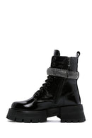 Women's Black Leather Stone Thick Soled Boots | Derimod Women's Black Leather Stone Thick Soled Boots | Derimod