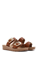 Women's Brown Double Buckled Thick Soled Slippers | Derimod Women's Brown Double Buckled Thick Soled Slippers | Derimod
