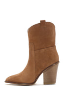 Women's Tan Thick Heeled Suede Cowboy Boots | Derimod Women's Tan Thick Heeled Suede Cowboy Boots | Derimod