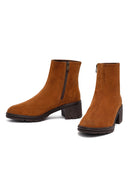 Woman Tan Zippered Chunky Heel Suede Leather Boat | Derimod Woman Tan Zippered Chunky Heel Suede Leather Boat | Derimod