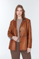 Barbara Women's Camel Plus Size Leather Jacket | Derimod Barbara Women's Camel Plus Size Leather Jacket | Derimod