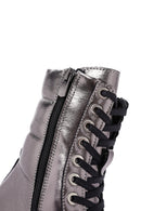 Women's Grey Zippered Metallic Leather Combat Boots | Derimod Women's Grey Zippered Metallic Leather Combat Boots | Derimod