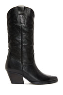 Women's Black Thick Heeled Leather Cowboy Boots | Derimod Women's Black Thick Heeled Leather Cowboy Boots | Derimod