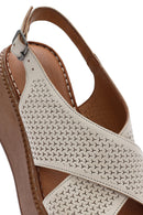 Women's Cream Ankle Strap Printed Wedge Heel Leather Comfort Sandals | Derimod Women's Cream Ankle Strap Printed Wedge Heel Leather Comfort Sandals | Derimod