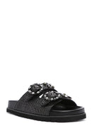 Women's Black Straw Stone Slippers | Derimod Women's Black Straw Stone Slippers | Derimod