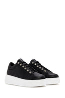 Women's Black Stone Laced Thick Soled Leather Sneakers | Derimod Women's Black Stone Laced Thick Soled Leather Sneakers | Derimod