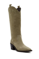 Women's Beige Chunky Heel Suede Leather Cowboy Boots | Derimod Women's Beige Chunky Heel Suede Leather Cowboy Boots | Derimod