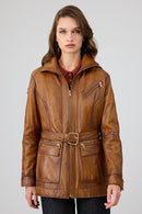 Donatella Women's Camel Belted Hooded Leather Coat | Derimod Donatella Women's Camel Belted Hooded Leather Coat | Derimod