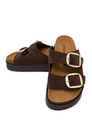Women's Brown Double Buckle Thick Sole Suede Leather Slippers | Derimod Women's Brown Double Buckle Thick Sole Suede Leather Slippers | Derimod