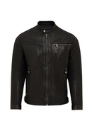 Towns Men Black Slim-Fit Short Leather Jacket | Derimod Towns Men Black Slim-Fit Short Leather Jacket | Derimod
