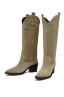 Women's Beige Chunky Heel Suede Leather Cowboy Boots | Derimod Women's Beige Chunky Heel Suede Leather Cowboy Boots | Derimod