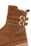 Woman Tan Zippered Suede Leather Teddy Bot | Derimod Woman Tan Zippered Suede Leather Teddy Bot | Derimod