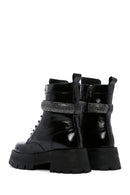 Women's Black Leather Stone Thick Soled Boots | Derimod Women's Black Leather Stone Thick Soled Boots | Derimod
