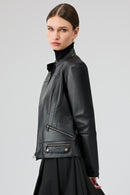 Nora Women's Black Stand Collar Short Leather Jacket | Derimod Nora Women's Black Stand Collar Short Leather Jacket | Derimod
