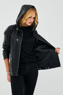 Judith Women's Black Hooded Leather Coat | Derimod Judith Women's Black Hooded Leather Coat | Derimod