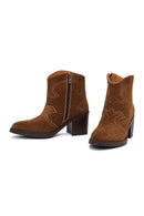Woman Tan Suede Chunky Heel Leather Cowboy Boots | Derimod Woman Tan Suede Chunky Heel Leather Cowboy Boots | Derimod