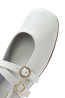 Women's White Buckled Leather Ballerinas | Derimod Women's White Buckled Leather Ballerinas | Derimod