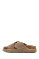 Women's Brown Strappy Thick Soled Suede Leather Slippers | Derimod Women's Brown Strappy Thick Soled Suede Leather Slippers | Derimod