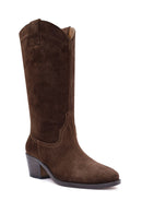 Woman Brown Chunky Heel Suede Leather Cowboy Boots | Derimod Woman Brown Chunky Heel Suede Leather Cowboy Boots | Derimod