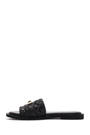 Women's Black Knit Leather Slippers | Derimod Women's Black Knit Leather Slippers | Derimod