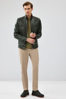 Wade Men's Khaki Slim-Fit Leather Coat | Derimod Wade Men's Khaki Slim-Fit Leather Coat | Derimod