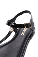 Women's Black Ankle Strap Flip-Flop Patent Leather Sandals | Derimod Women's Black Ankle Strap Flip-Flop Patent Leather Sandals | Derimod