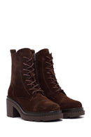 Women's Brown Zippered Thick Heeled Suede Leather Ankle Boots | Derimod Women's Brown Zippered Thick Heeled Suede Leather Ankle Boots | Derimod