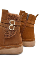 Woman Tan Zippered Suede Leather Teddy Bot | Derimod Woman Tan Zippered Suede Leather Teddy Bot | Derimod