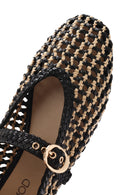 Women's Black Buckled Straw Leather Ballerinas | Derimod Women's Black Buckled Straw Leather Ballerinas | Derimod
