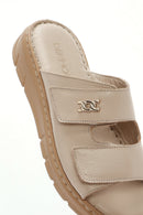 Women's Beige Double-Strap Leather Comfort Slippers | Derimod Women's Beige Double-Strap Leather Comfort Slippers | Derimod