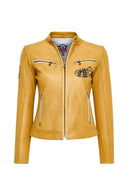 Champs Women's Yellow Embroidered Short Leather Jacket | Derimod Champs Women's Yellow Embroidered Short Leather Jacket | Derimod