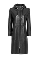 Selena Women's Black Hooded Leather Coat | Derimod Selena Women's Black Hooded Leather Coat | Derimod