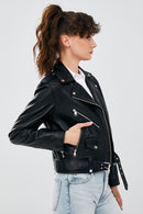 Newage Kadın Siyah Slim-Fit Biker Deri Ceket | Derimod Newage Kadın Siyah Slim-Fit Biker Deri Ceket | Derimod