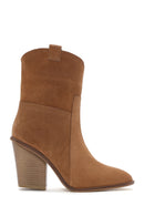 Women's Tan Thick Heeled Suede Cowboy Boots | Derimod Women's Tan Thick Heeled Suede Cowboy Boots | Derimod