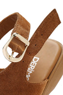 Women's Tan Suede Leather Wedge Heeled Sandals with Ankle Buckle | Derimod Women's Tan Suede Leather Wedge Heeled Sandals with Ankle Buckle | Derimod