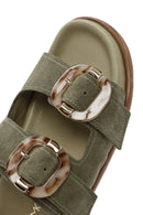 Women's Green Double Buckled Suede Leather Slippers | Derimod Women's Green Double Buckled Suede Leather Slippers | Derimod