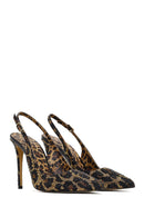 Women's Leopard Patterned Jeweled Open Back High Thin Heel Leather Shoe | Derimod Women's Leopard Patterned Jeweled Open Back High Thin Heel Leather Shoe | Derimod