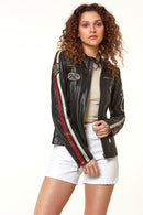 Ladyracer Women's Black Embroidered Sports Leather Coat | Derimod Ladyracer Women's Black Embroidered Sports Leather Coat | Derimod
