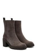 Women's Mink Heeled Zippered Suede Leather Boots | Derimod Women's Mink Heeled Zippered Suede Leather Boots | Derimod