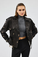 Crystal Kadın Siyah Biker Deri Ceket | Derimod Crystal Kadın Siyah Biker Deri Ceket | Derimod