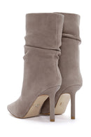 Women's Mink Thin Heeled Suede Leather Boots | Derimod Women's Mink Thin Heeled Suede Leather Boots | Derimod