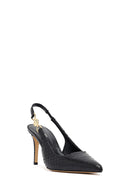 Woman Black Buckled Open Back Patterned Thin Heel Leather Shoe | Derimod Woman Black Buckled Open Back Patterned Thin Heel Leather Shoe | Derimod